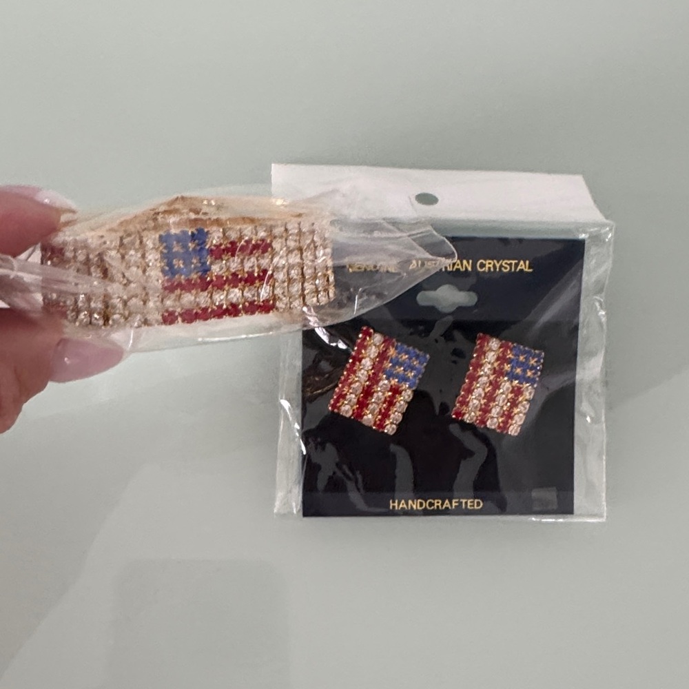 American Red Flag Earrings & Bracelet- Australian crystal- New